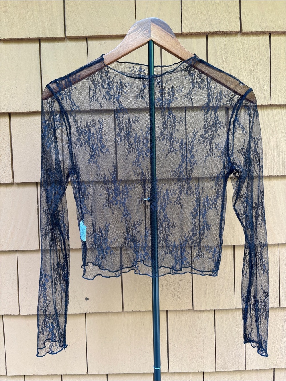 Black Lace Long Sleeve Mock Neck Stretch Sheer Pullover Goth Crop Top | Size M